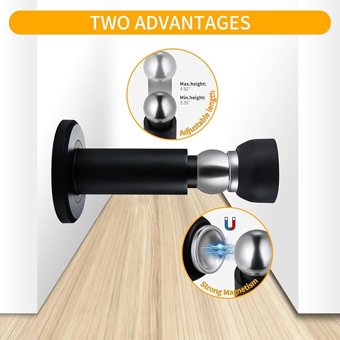 Door Stoppers – Heavy Duty Magnetic Door Stopper for Wall & Bottom of Door – Premium Adjustable Door Stop with Heavy-Duty Windproof Design, Constructed with SUS304 Stainless Steel (Black)