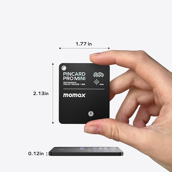 Momax Wallet Tracker Smart Finder - Rechargeable Slim Bluetooth Key Tracking Card with 1-Year Battery, Apple Find My (iOS Only), Item Locator for Luggage Tag, Suitcase, Passport, Backpacks, Mini Size