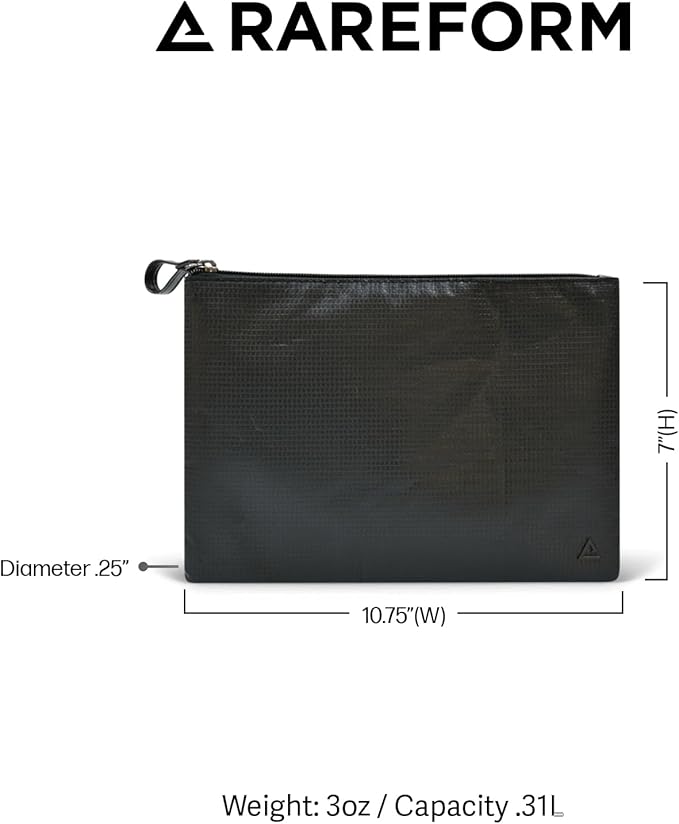 Rareform Essentials Organizer Pouch | Travel Accessory Bag, Protects Tech, Cosmetics, Toiletries with Inner Fleece Lining, Water-Resistant | Recycled Nylon, Black