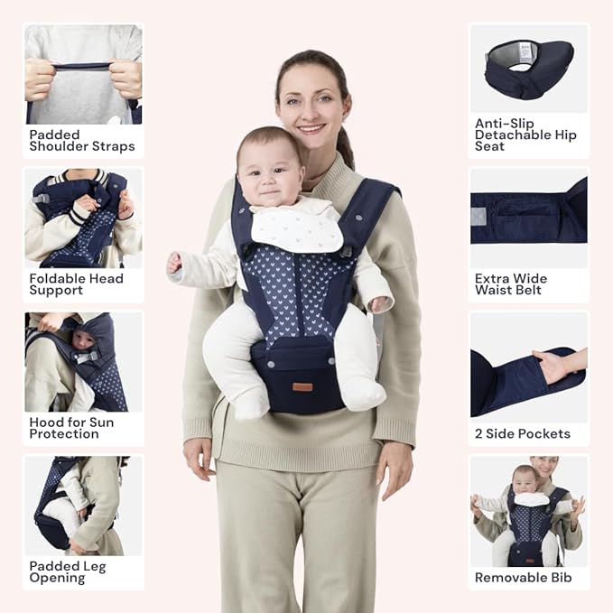 BabbleRoo Grow Carrier – 6-in-1 Baby Carrier with Hip Seat, Ergonomic, Cozy & Adjustable Toddler Carrier 7-50 lbs with Hip & Lumbar Support, Hood for Sun Protection, Newborn to Toddler, Navy Hearts
