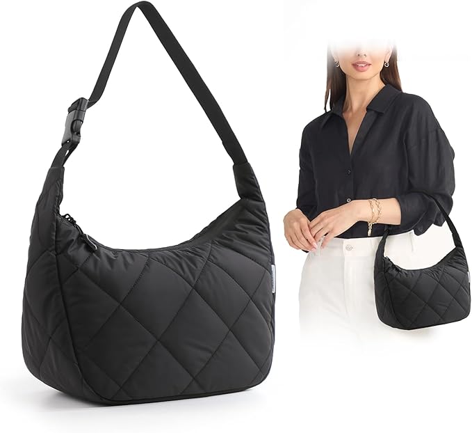 Insulated Lunch Bag for Women, Quilted Reusable Lunch Box with Adjustable Strap, Waterproof Cute Puffy Bento Tote, Stylish Cooler Bag for Work, Picnic or Travel, Black