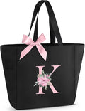 Vavabox Tote Bag, A-Z Initial Monogrammed Waterproof Tote Bag, Bridesmaid Gifts for Women, Black and Pink