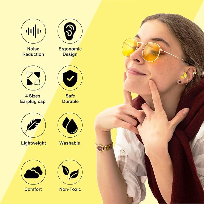 Ear Plugs for Sleeping Reusable Earplugs for Concerts Noise Cancelling Soft Silicone Noise Reduction Earbuds for Travel, Focus, Work 33-45dB Hearing Protection with 9 Ear Tips & Case (Yellow)