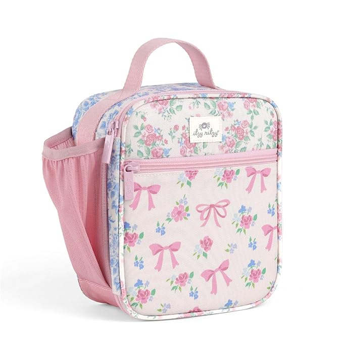 Itzy Ritzy Toddler Lunch Box - Kids Lunch Bag is Insulated and Includes Water Bottle Holder Plus 2 Pockets - Durable, Easy to Clean Lunch Box Toddler Bag (Ribbons & Roses)