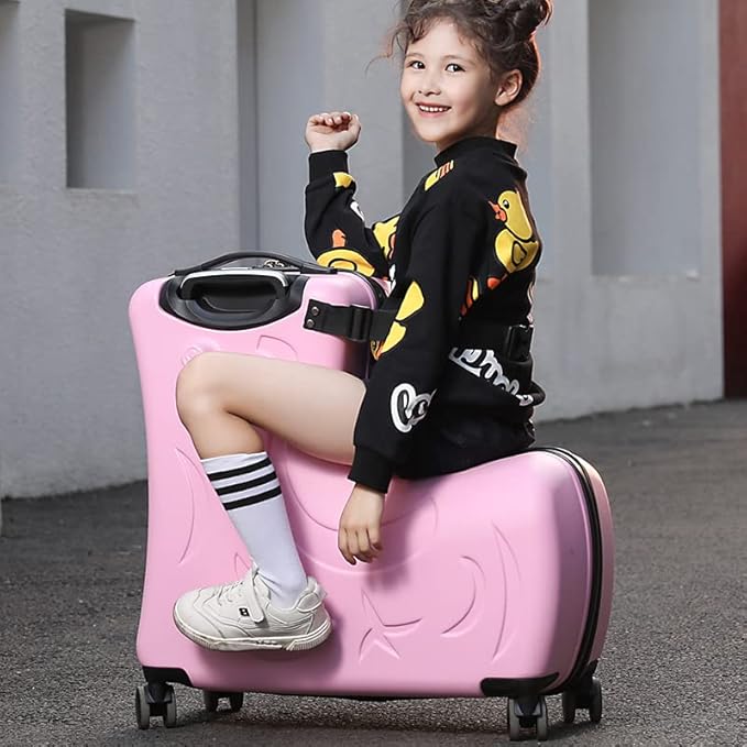 Ride on Hard Shell Kids Luggage with 4 Spinner Wheels for Girls and Boys, Rolling Childrens Travel Suitcase with Seat and Safety Belt for Toddler Ages 6-12, Checked size 25 Inch, Pink
