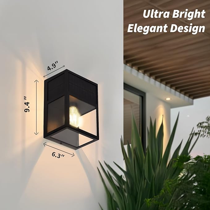 Outdoor Solar Wall Lights, High Brightness Waterproof Lanterns, Porch LED with Stainless-Steel & Tempered Glass, Black Sconce for Door Entryway, Garage, Patio, Yard, Warm White 2Pk