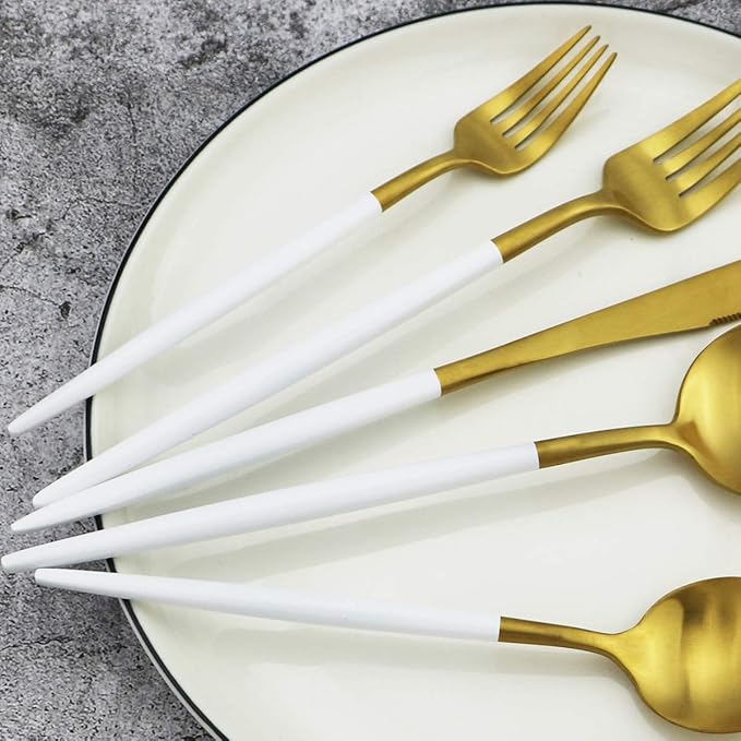 White Handle Matte Gold Silverware Set,Gugrida 5-Piece 18/10 Stainless Steel Satin Finish Flatware Set,Kitchen Utensil Set,Tableware Travel Cutlery Set for Camping Office Lunch, Dishwasher Safe