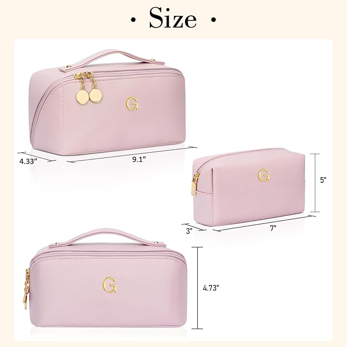 Birthday Gifts for Women Teen Girl, Personalized Initial Makeup Organizer Bag Set, Open Flat Travel Cosmetic Bag With Clear Divider and Handle(Pink,G)