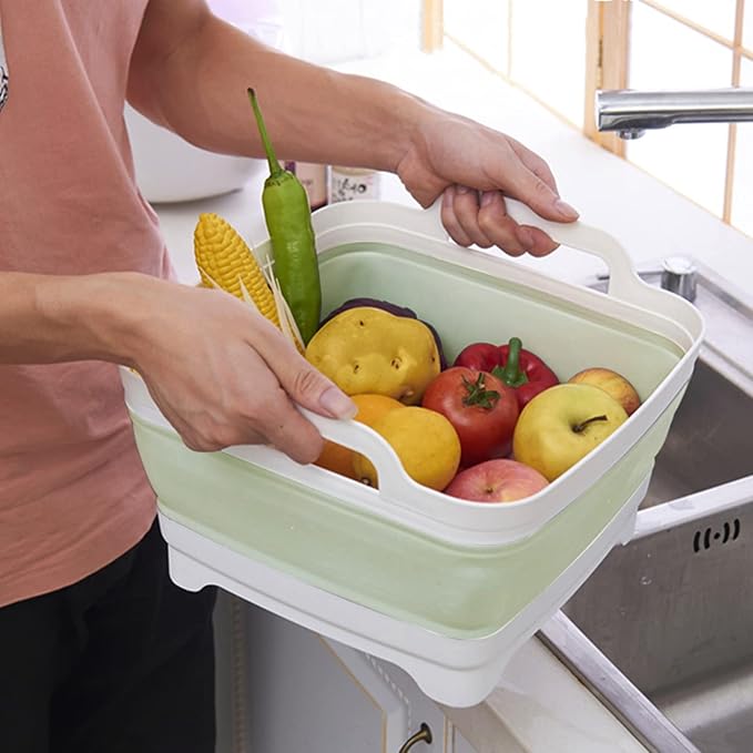 2.4 Gal(9L) Collapsible Dish Basin with Drain Plug - Multiuse Foldable Wash Basin for Baby Bottles, Space-Saving Multiuse Dish Tub, Kitchen Sink for Camping, Dishes Washing, RV (Green)