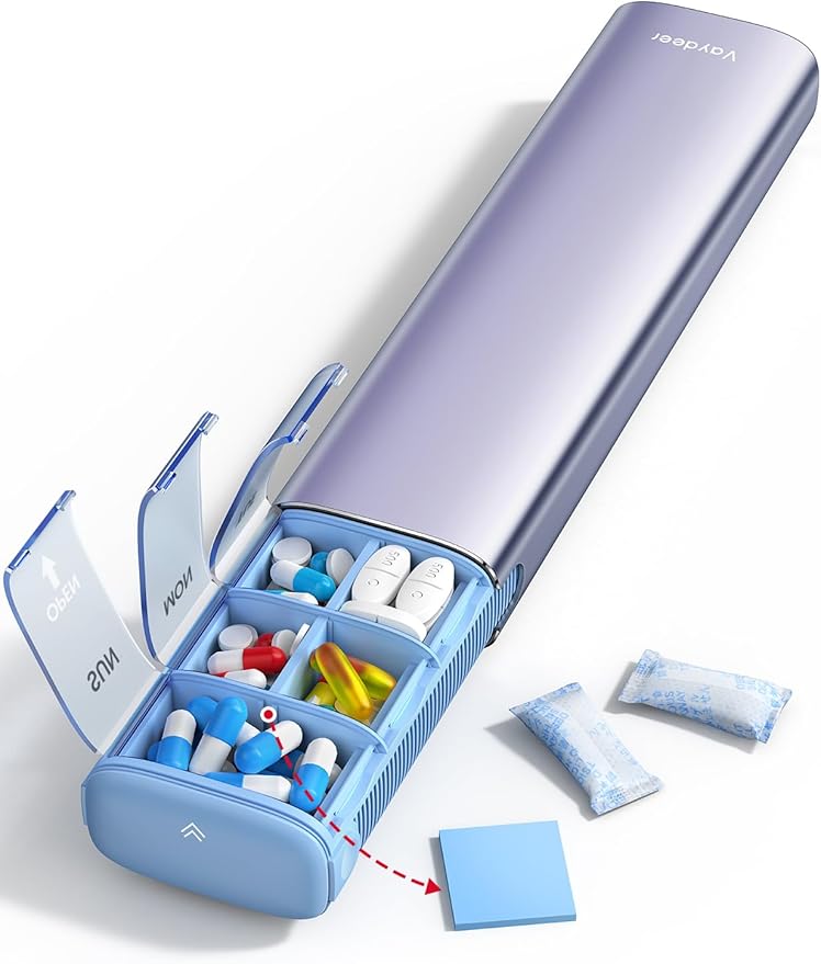 Vaydeer 7 Day Weekly Pill Organizer (Support 2 Times a Day), Metal Travel Pill Case, Large Capacity Daily Cute Pill Box for Supplements, Pills, Vitamins and Medication (Purple), 8.3*2.1*1.2 Inch