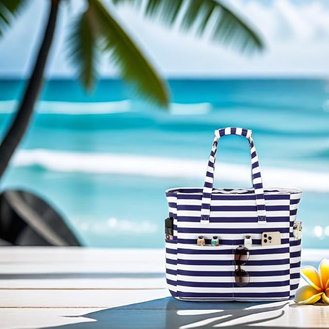 LEDAOU Beach Bag Waterproof Sandproof Women Tote Bag Pool Bag with Zipper for Gym Grocery Travel with Wet Pocket
