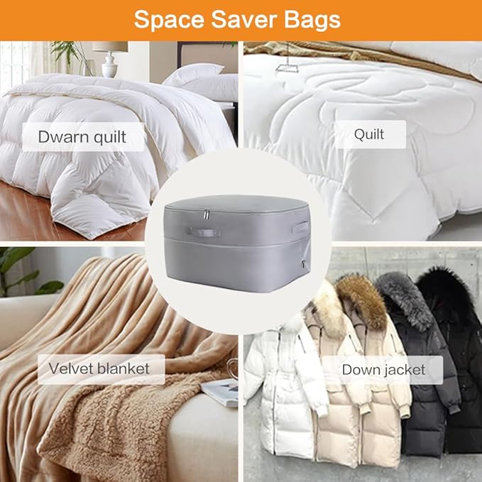 Ultra Space Saving Self Compression Storage Bags with Zipper, （Grey) -Compression Organize for Bedding, Comforter Storage Bag for Blankets Duvet Quilts Pillows