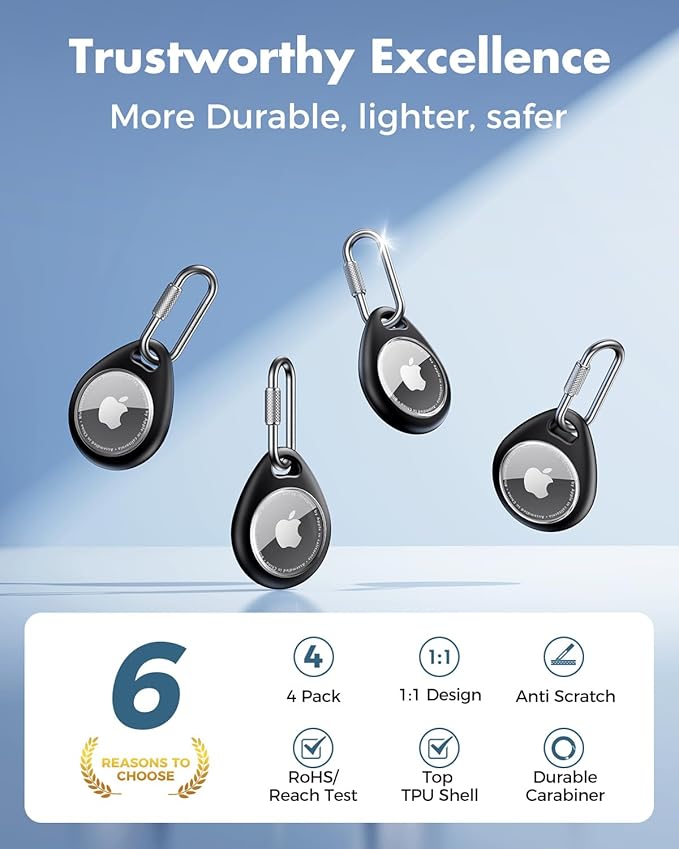UNBREAKcable AirTag Holder for Apple - 4 Pack Air Tag Case [Professional Carabiner] [Waterproof] [Shockproof] TPU AirTag Keychain for Kids, Pets, Keys, Luggage, Backpacks