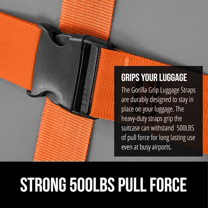 GORILLA GRIP Heavy Duty Adjustable Luggage Straps for Suitcases, Easy to Identify Travel Belt Connector Holds Suitcase Together, Extends Life of Bag, Strap Connects Two Bags, Accessories 2 Pack Orange