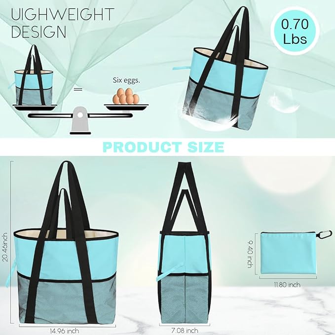 8-Pocket Waterproof Tote for Women -Sandproof Beach Bag with Zipper& Family | Foldable Travel Swim Bag (Gift-Ready)