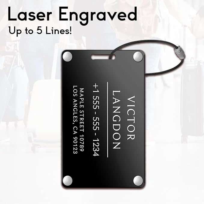 Personalized Luggage Tags for Suitcases - Aluminum Custom Luggage Tags for Backpacks & Bags, Sturdy, Waterproof & Heavy Duty (Black/Card-Sized)