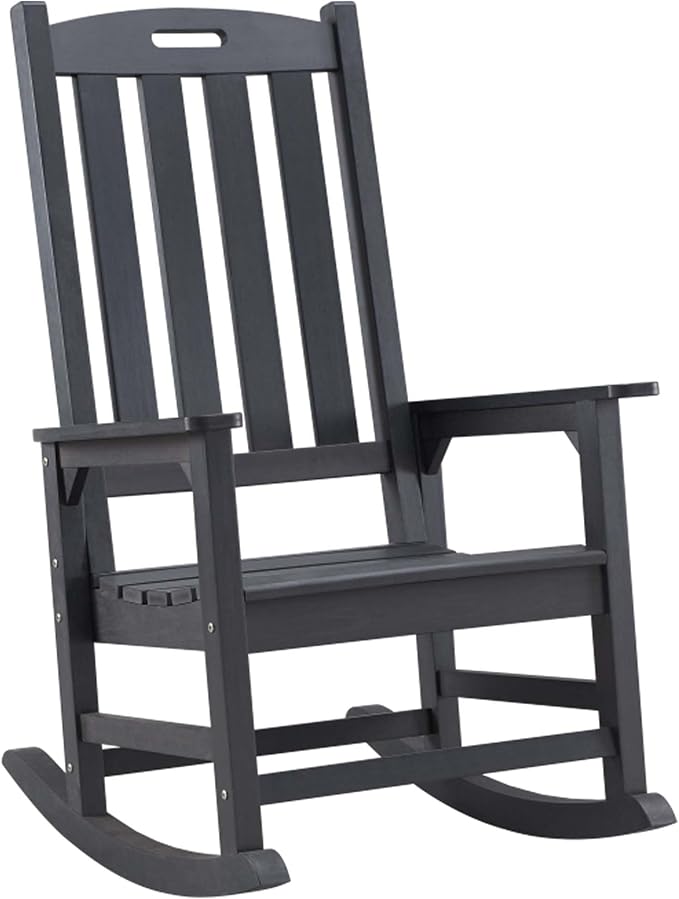Psilvam Oversized Outdoor Rocking Chair, with 21" Wide Seat and 32" Tall Backrest, Pre-Assembled with Most Components for Effortless Installation (Carbon Black)