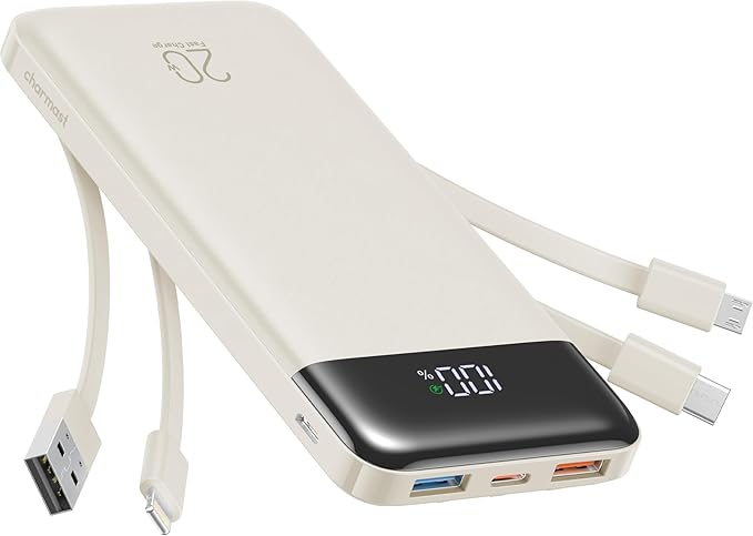 charmast 20000mAh Portable Charger with Built in Cables, 22.5W Travel Power Bank Fast Charging, USB C Cell Phone Battery Pack for iPhone 16/15/14/13/12/11 Series, iPad, Samsung, Android, Tablet