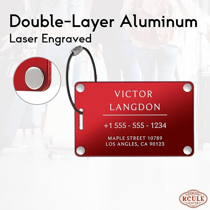 Personalized Luggage Tags for Suitcases -Aluminum Custom Luggage Tags for Backpacks & Bags, Sturdy, Waterproof & Heavy Duty (Red/Card-Sized)