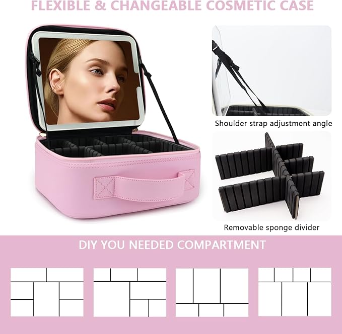 Travel Makeup Bag for Women and Makeup Artists Cosmetic Organizer Large Makeup Case,Travel Makeup Bag with Mirror 3 Color Setting,Portable Storage and Adjustable Dividers(Light Pink)