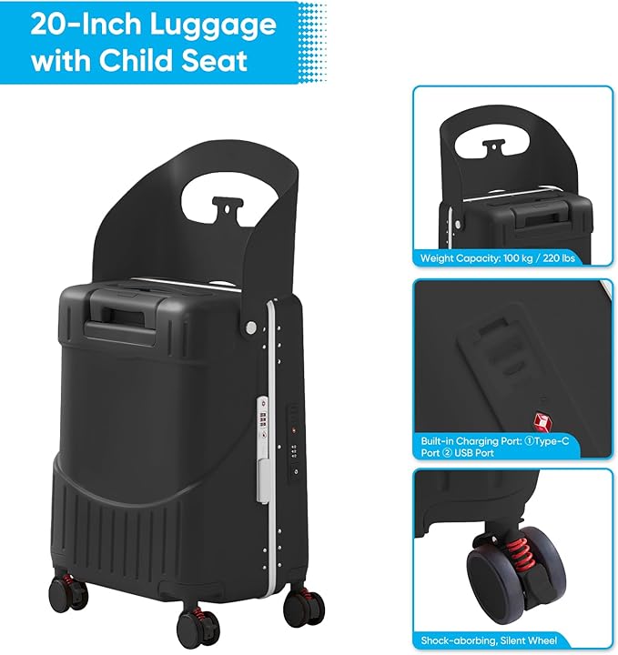 TABU 20" Ride-on Luggage with Seat，Front Opening Carry-On Hardshell Ride On Suitcase with Built-in Charging Port, 360° Lockable Spinner and TSA Lock, for Kids & Adults, Black