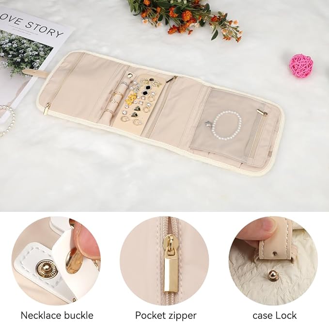Voova Travel Jewelry Holder Organizer Case, Small Jewelry Storage Bag for Women Girls, Foldable Traveling Jewellery Pouch Roll for Necklaces Rings Earrings Bracelets, Mini, Apricot