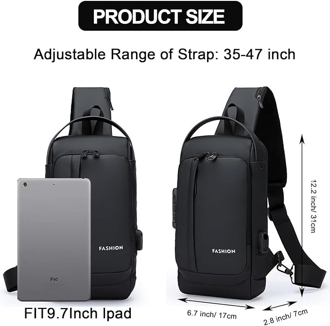 Sling Bag for Men Anti-theft USB Crossbody Shoulder Backpack Purse Waterproof PU Leather Chest Bag Travel Daily Use