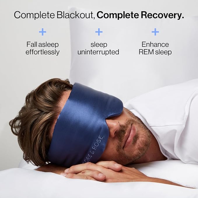 Dore & Rose Deep Sleep Mask Light Blocking, 23 Momme Mulberry Silk Eye Mask, Ultra Soft, Adjustable - Travel Sleeping Mask for Men & Women - Dark Blue