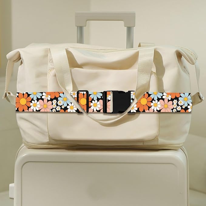 Orange Daisy Luggage Straps for Suitcases TSA Approved, Luggage Identifiers for Suitcase, Adjustable Suitcase Strap for Baggage Security with Cute Patten, Travel Necessary Accessories (2 Pack)