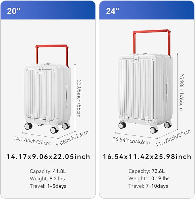 SOKOK Front Pocket Luggage Carry On with Spinner Wheels, Wide Handle Travel Suitcase PC Hardshell Durable Rolling Luggage for Business Trip with Charging Port and Cup Holder, White
