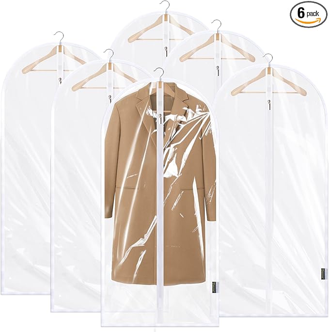 BALEINE 48'' Clear Garment Bags, 6 Packs PEVA Dress Bag for Closet Clothes Dresses Suit Coats Storage (Clear, 6PK)
