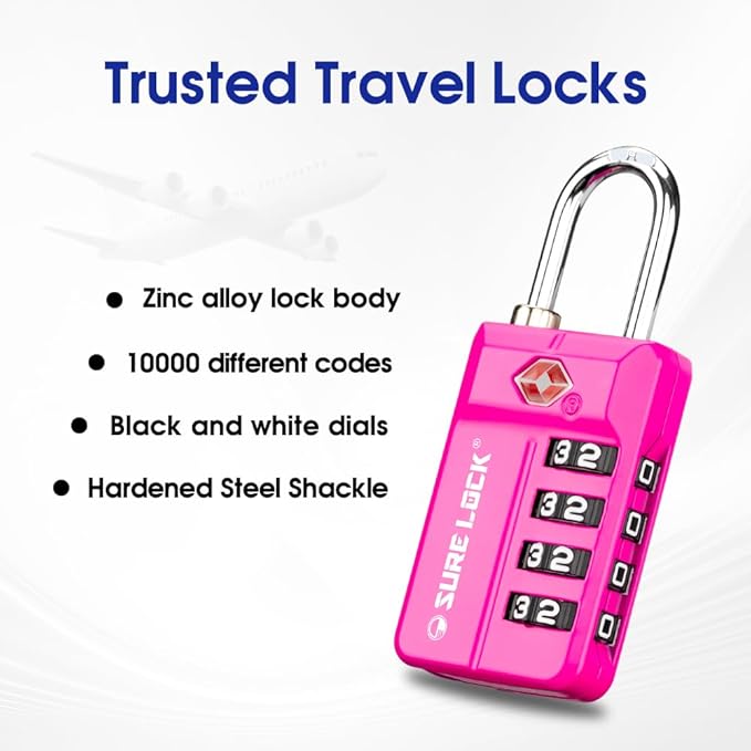 SURE LOCK TSA-Approved 4-Digit Resettable Combination Lock with Open Alert, Easy-Read Dials - for Luggage, School Lockers, Gym, Office, Toolbox & Security Cases (Pink 4 Pack)