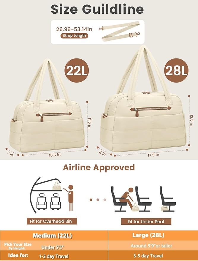 Travel Duffle Bag,Puffer Carry On Duffel Bag with Laptop Compartment Waterproof Overnight Weekender Bags for Women Large Hospital Tote Bags for Labor and Delivery(Large,Beige)
