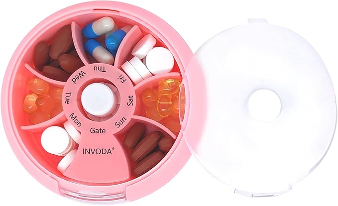 INVODA Weekly Pill Organizer 7 Compartment Rotating Pill Box for Daily Medication & Vitamins - Portable Travel Pill Case Fish Oil Supplements Vitamins Organizer (Pink+Sky Blue+Green)