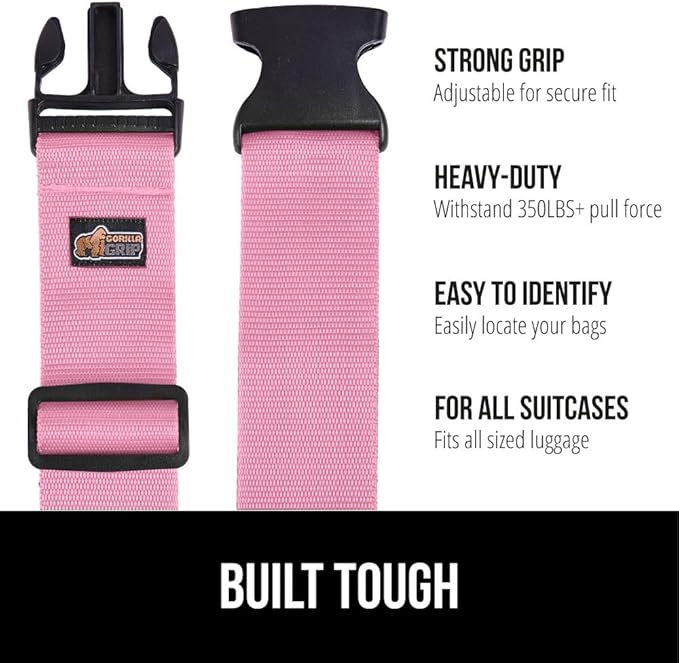 GORILLA GRIP Heavy Duty Adjustable Luggage Straps for Suitcases, Easy to Identify Travel Belt Connector Holds Suitcase Together, Extends Life of Bag, Strap Connects Two Bags, Accessories 2 Pack Pink