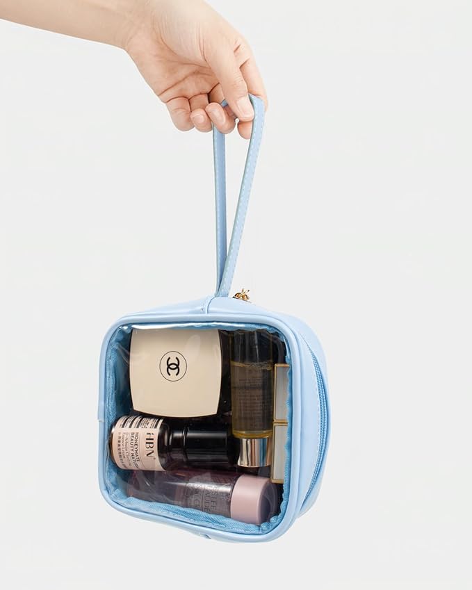 KOTORA TSA Approved Toiletry Bag with Mini Clear Makeup Bag Travel Size Beach Pool Bag Car Accessories for Women Her (Clear Mini-Blue)