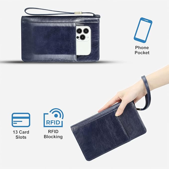CONTACTS Passport Wallet Leather Family Passport Holder for 4 Travel Documents Organizer RFID Blocking Zipper Blue Card Wallet with 13 Card Slot