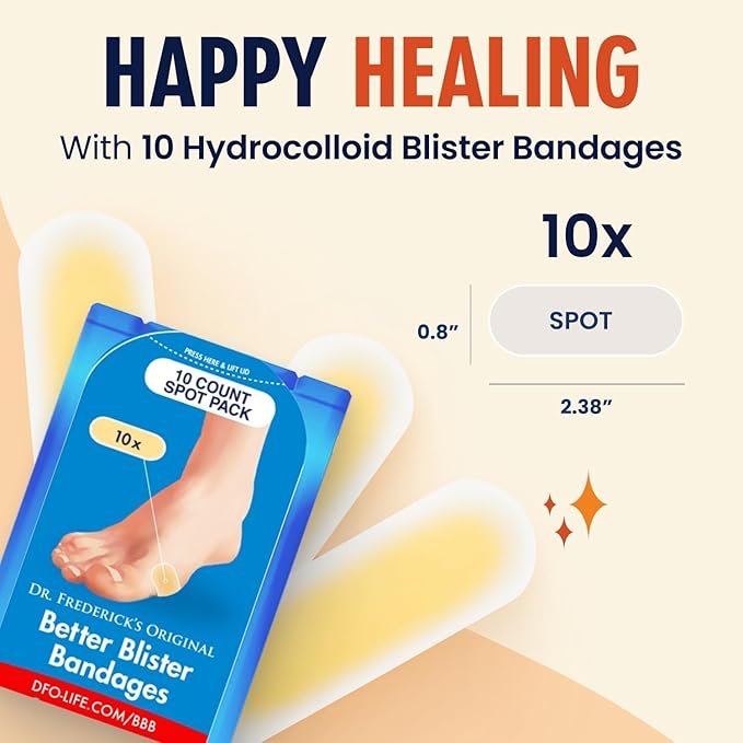 Dr. Frederick's Original Better Blister Bandages - 10 ct - Water-Resistant - 40% More Cushioning - Hydrocolloid Pads for Foot Protection & Recovery - Blister Relief Pads - Spot Pack