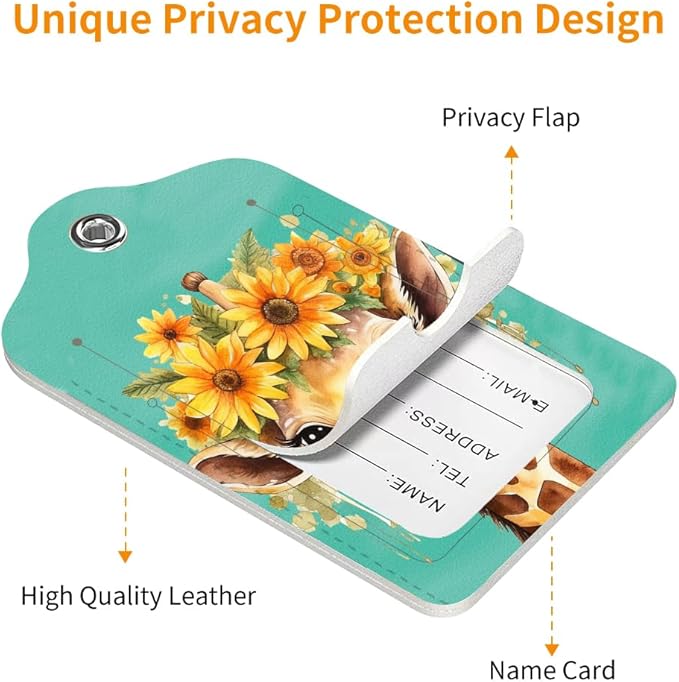 2 Pack Luggage Tag for Suitcase, Cute Unique Leather Bag Tags Identifiers Privacy Cover ID Label with Durable Steel Loop for Women Men Kids Girls Travel，GiraffeJ