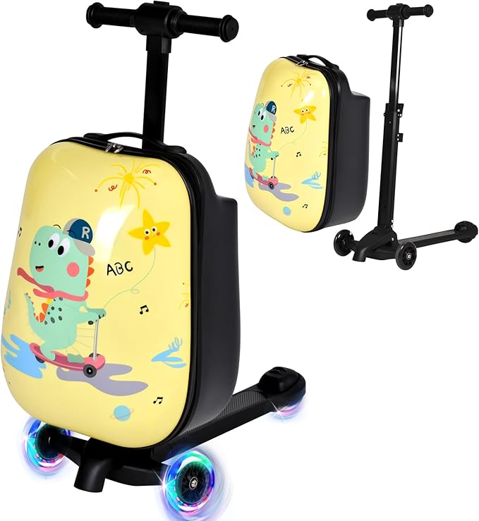 smilesun 4-in-1 Detachable Scooter Luggage for Kids & Teens – Hardside Ride-On Suitcase with Led Light Up Wheels, Dinosaur Design, Lightweight Foldable, Perfect Travel Gift for Boys(Yellow 22-inch)
