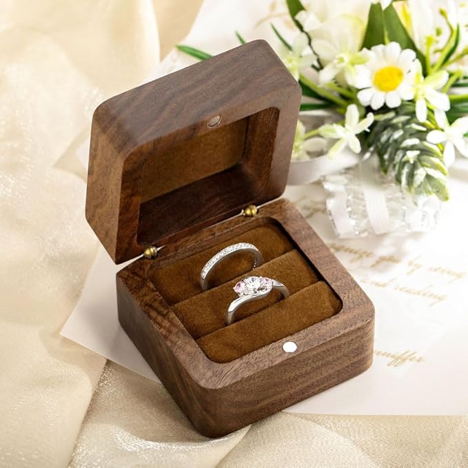 Custom Engraving Ring Gift Box Wooden Presentation Jewelry Box Case with 3 Ring Slots for Proposal Engagement Wedding Ceremony Birthday Gift