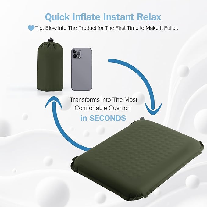 Self-Inflating Airplane Seat Cushion for Long Flights – Portable Travel Cushion Airplane Seat - Memory Foam Travel Seat Cushion Providing Pressure Relief and Premium Comfort (Olive Green)