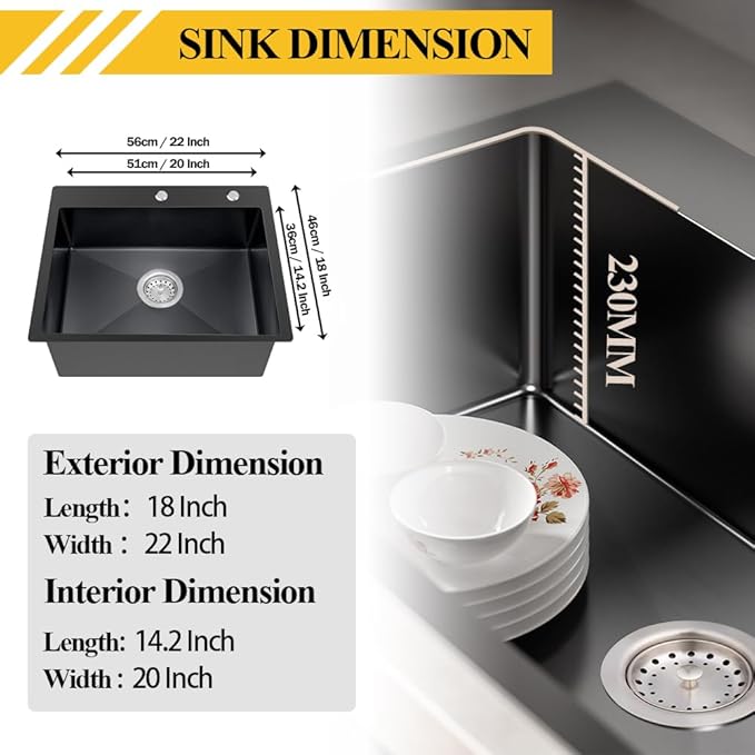 Black Kitchen Sink, Stainless Steel Topmount Bar Sink 22x18x9 Inch Single Bowl Drop In Kitchen Sink Combo-Sink Grid,Soap Dispenser,Drain Basket,Strainer Mesh,Drain Strainer Set for Modern Kitchen Sink