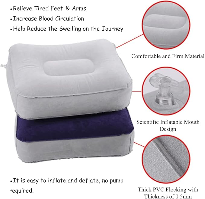 Inflatable Travel Foot Rest Pillow, Head Pad, Soft Flocking Pillow, Flights Relax Cushion Ottomans Leg Up with Air Pump for Office, Home Relax, Camping and Travel Use (Gray, 1 Pcs)