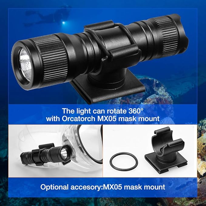 ORCATORCH D560 Mini Scuba Dive Light Headlamp 650 Lumen Mask Diving Flashlight with 360° Rotatable Mask Clip, Underwater 150m Backup Headlight with Rotary Switch (Not Included Snorkel Mask) (Black)