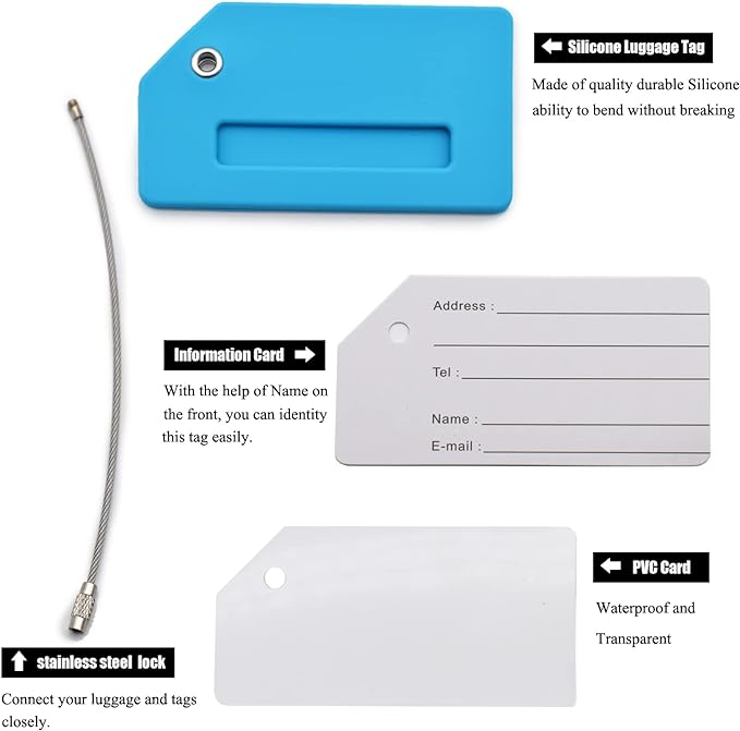 7 Pack Silicone Luggage Tag Baggage Handbag Travel Bag Tags with Name ID Card Perfect to Quickly Spot Luggage Suitcases (Blue)