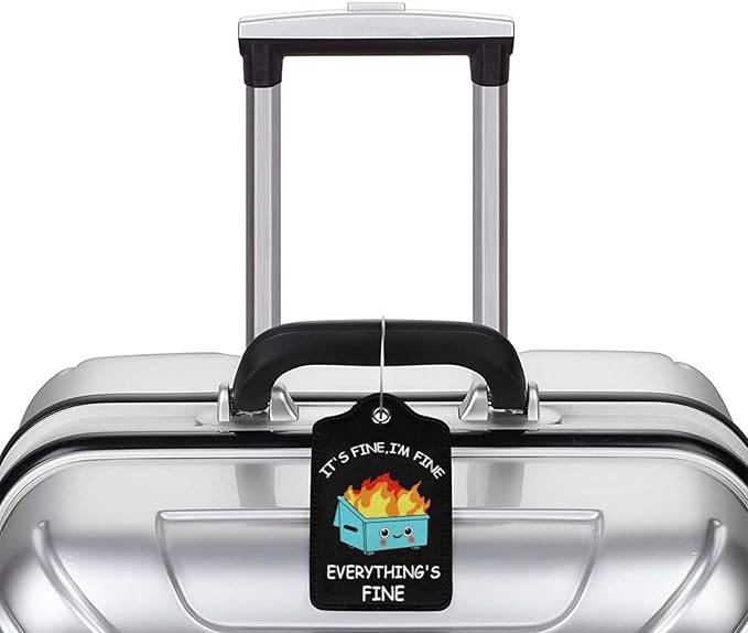 2 Pack Luggage Tags for suitcases Funny Cute Black Trash on fire I'm Fine It's Fine Luggage Tag, Leather Stainless Steel Loop Label Tag for Men Women Travel Bag Suitcase(Trash on fire)