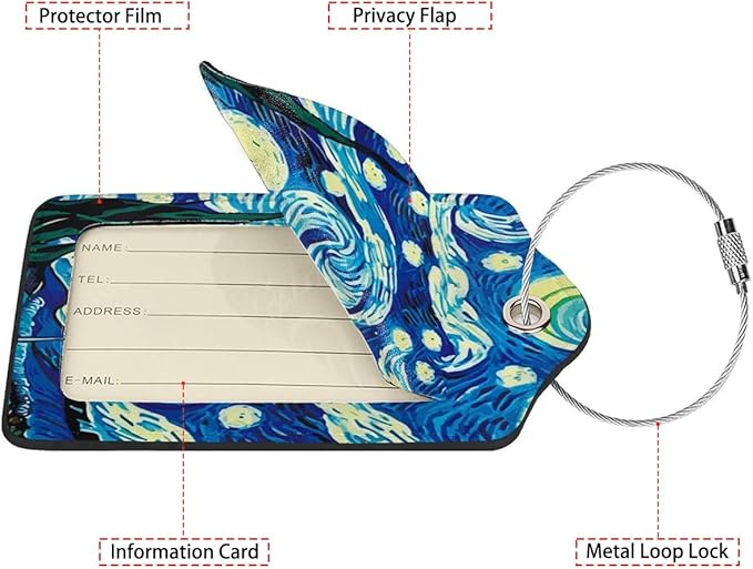 The Starry Night 2 Pack Luggage Tag for Suitcase, Cute Unique Leather Bag Tags Identifiers Privacy Cover ID Label with Steel Loop for Women Men Kids Girls Travel