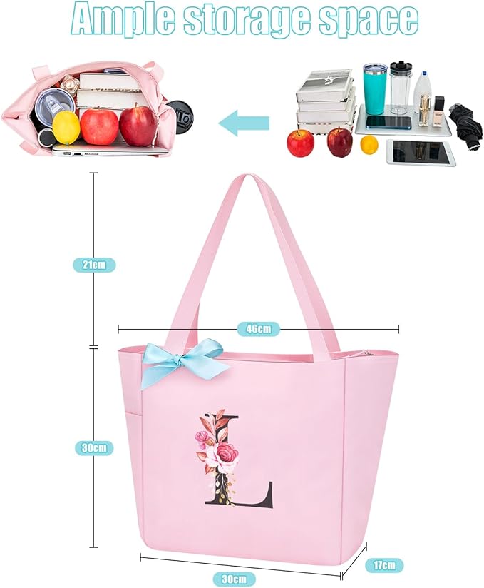 Vavabox Tote Bag, A-Z Initial Monogrammed Waterproof Tote Bag, Bridesmaid Gifts for Women, Black and Pink