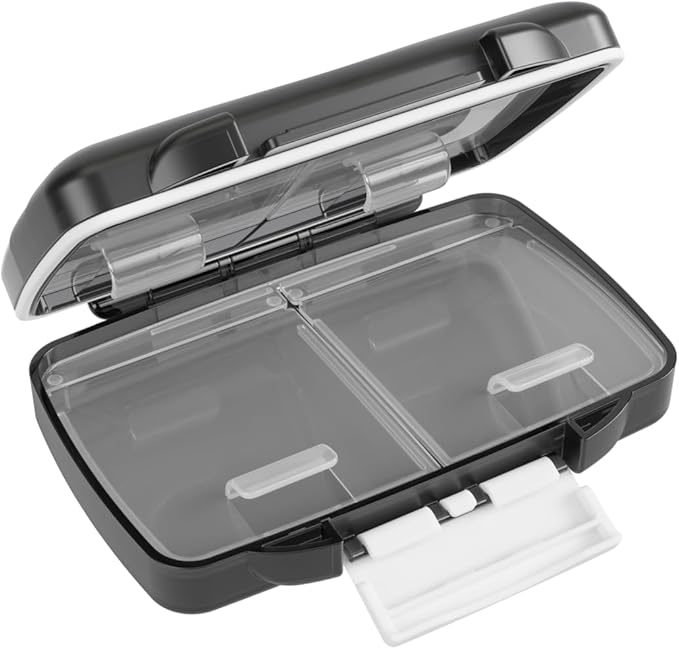 EZY DOSE Moisture-Proof Pill Case, Medicine Planner, Vitamin Organizer Box, Travel-Friendly, Latch-Closure to Secure Contents, 4 Individual Compartments of Multiple Sizes with Tight Seal, Small, Black